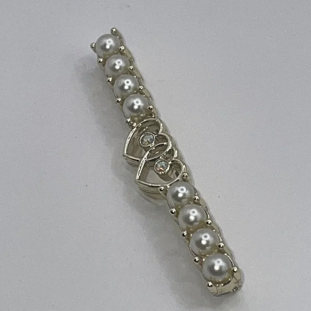 VTG 60s SARAH COVENTRY Bar Brooch Pin Faux Pearl Hearts AB Rhinestones Gold Tone